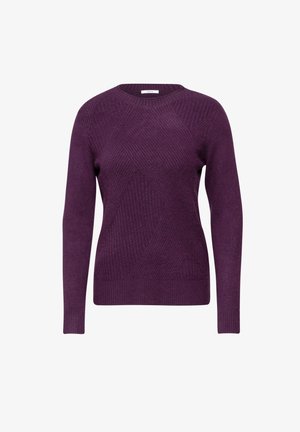 Violetti neulepusero pitkillä hihoilla, ribbireunalla ja teksturoidulla vinoraitakuviolla. Pehmeä materiaali, jossa on tiukat hihansuut ja helma.
