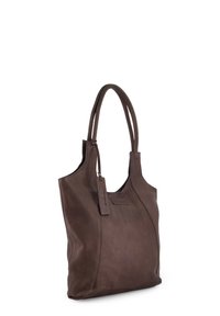 Braune Leder-Shopper-Tasche mit doppelten Griffen, glatter Textur und gesteppten Akzenten. Verfügt über ein Markenetikett und ein modernes Design.