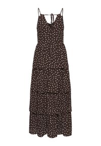 Robe maxi marron sans manches à volants avec des pois blancs et de fines bretelles, avec un détail de col noué.