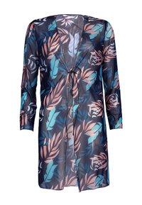 Przezroczysta kimono w ciemnym granacie, z kwiatowym wzorem w turkusie, różu i bieli. Zawiązywana w talii; rękawy o długości 3/4.