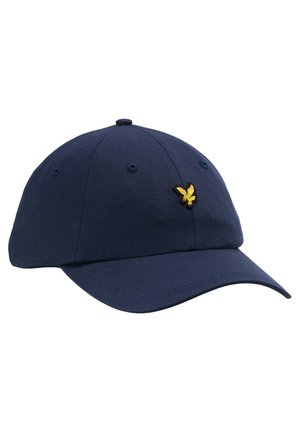 Marineblå bomulds-baseballcap med en buet skygge og et broderet gult ørnerlogo på forsiden. Seks ventilationsøjer.