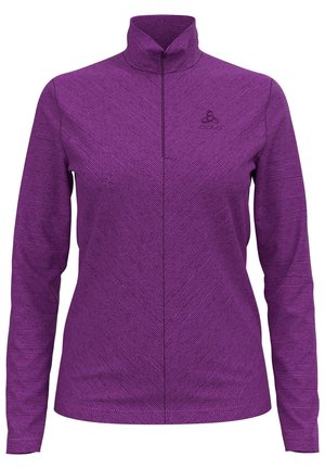 Paarse lange mouwen quarter-zip pullover met subtiele diagonale streeptextuur en klein logo op de linkerborst.