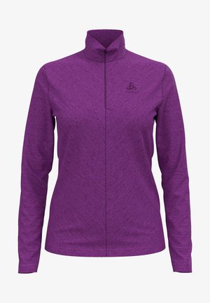 Pull-over violet à manches longues avec fermeture éclair au quart, texture subtile à rayures diagonales et petit logo sur la poitrine gauche.