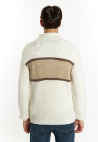 Sweter dzianinowy w kremowym kolorze z teksturowanym brązowym poziomym paskiem na plecach; posiada wysoki kołnierz i ściągacze na mankietach.