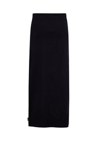 Gonna maxi nera a costine, design aderente, texture liscia, con una vita elastica e un piccolo etichetta sull'orlo. Stile semplice e versatile.