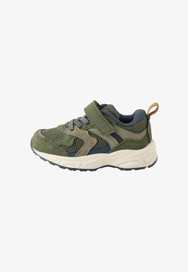 Child's green and navy sneaker with mesh and suede details, white sole, laces, and a Velcro strap for fastening.