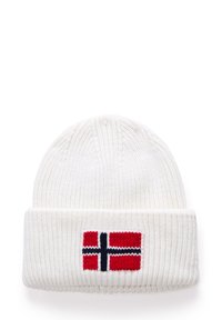 Berretto di lana bianco con risvolto e un patch della bandiera norvegese. Il patch presenta dettagli rossi e blu su uno sfondo bianco.