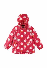 Veste de pluie rouge avec un motif floral en rose et orange. Elle possède une capuche, des poignets élastiques et des poches zippées à l'avant. Matériau lisse et imperméable.