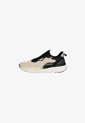 Sneaker mit einem Obermaterial aus Mesh und Synthetik in Beige und Schwarz, ausgestattet mit einer gepolsterten Sohle, schwarzen Schnürsenkeln und seitlichen Akzenten für Stabilität.