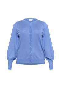 Světle modrý cardigan s kulatým výstřihem, dlouhými nabíranými rukávy a zapínáním na knoflíky. Pletená textura s vroubkovaným lemem a manžetami.