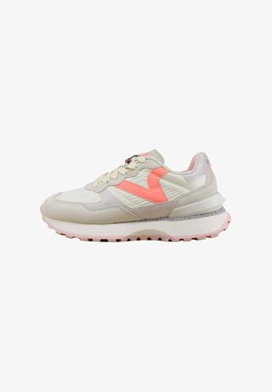 Light beige running shoe with pink accents, suede and mesh upper, padded collar, and a textured rubber sole.