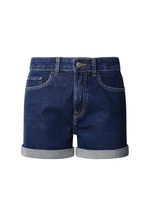 Tamsiai mėlynos džinsinės šortai su atmaukta apačia. Savybės: diržo kilpos, priekinės kišenės ir aukso siuvimo detalės. Klasikinis siluetas.