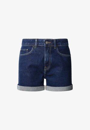 Tamsiai mėlynos džinsinės šortai su atmaukta apačia. Savybės: diržo kilpos, priekinės kišenės ir aukso siuvimo detalės. Klasikinis siluetas.