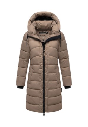 Cappotto invernale imbottito color taupe, lungo fino al ginocchio, con zip nera, ampio cappuccio e polsini aderenti.