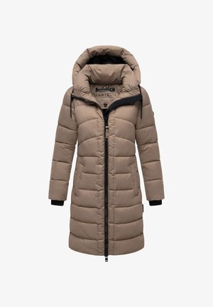 Taupe knælang polstret vinterjakke med sort lynlås, stor hætte og tætsiddende manchetter.