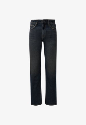 Dunkelblaue Denim-Jeans mit einem geraden Bein-Design, Gürtelschlaufen, Vorder- und Gesäßtaschen sowie subtilen Ausbleichungen.