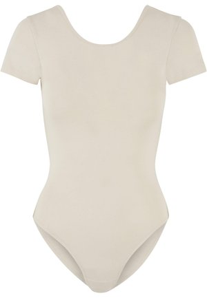 Bodysuit beige à manches courtes avec un col rond, texture lisse et jambes hautes. Design simple sans matériel visible ni motifs.