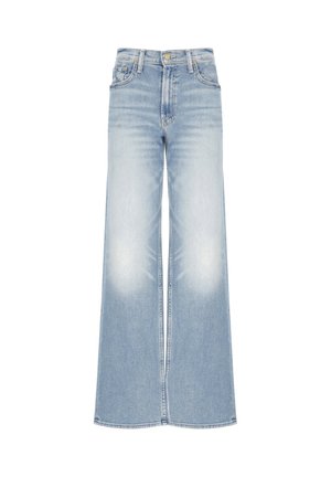 Jeans a gamba larga azzurri in denim, con vita alta, zone scolorite sulle cosce e tasche cucite.