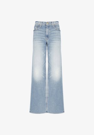 Jeans a gamba larga azzurri in denim, con vita alta, zone scolorite sulle cosce e tasche cucite.