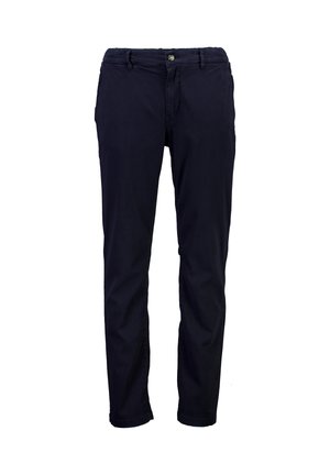 Donkerblauwe casual herenbroek met knoopsluiting, riemlussen en zijzakken op een witte achtergrond.