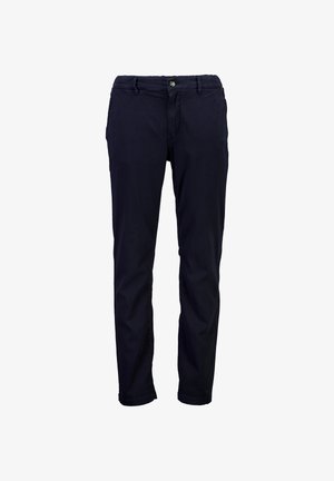 Miestne tmavomodré neformálne nohavice s gombíkovým zapínaním, pútkami na opasok a bočnými vreckami na bielom pozadí.