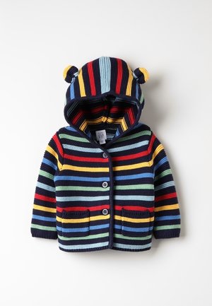 Wielokolorowa prążkowana dzianinowa bluza z kapturem z uszami misia, z guzikami, kieszeniami, kapturem i prążkowaną fakturą w kolorach granatowym, czerwonym, żółtym i zielonym.