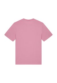 Kurzarm-T-Shirt aus weichem, pinken Baumwollstoff, mit Rundhalsausschnitt und glatter Textur, auf der Rückseite mit schlichtem Design.