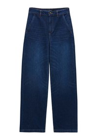 Mörkblå vida jeans i denim med knappstängning, två framfickor och synliga sömdetaljer.