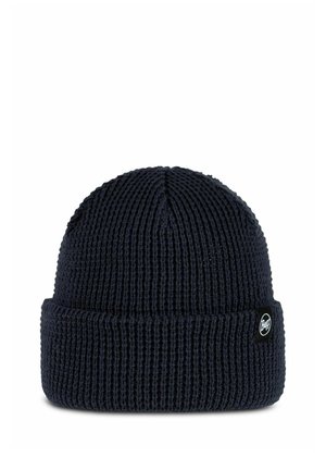 Gorro de punto azul marino oscuro con ala doblada y pequeña etiqueta circular con el logo "Buff" en el lateral sobre fondo blanco.