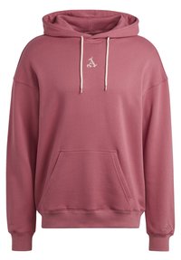 Sweat-shirt à capuche en rose poussiéreux avec cordons de serrage réglables, poche frontale, poignets côtelés et détail du logo sur la poitrine gauche et la manche.