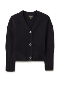 Schwarze, kurze Strickjacke aus Strickstoff mit V-Ausschnitt, featuring drei große runde Knöpfe sowie gerippte Bündchen und Saum.