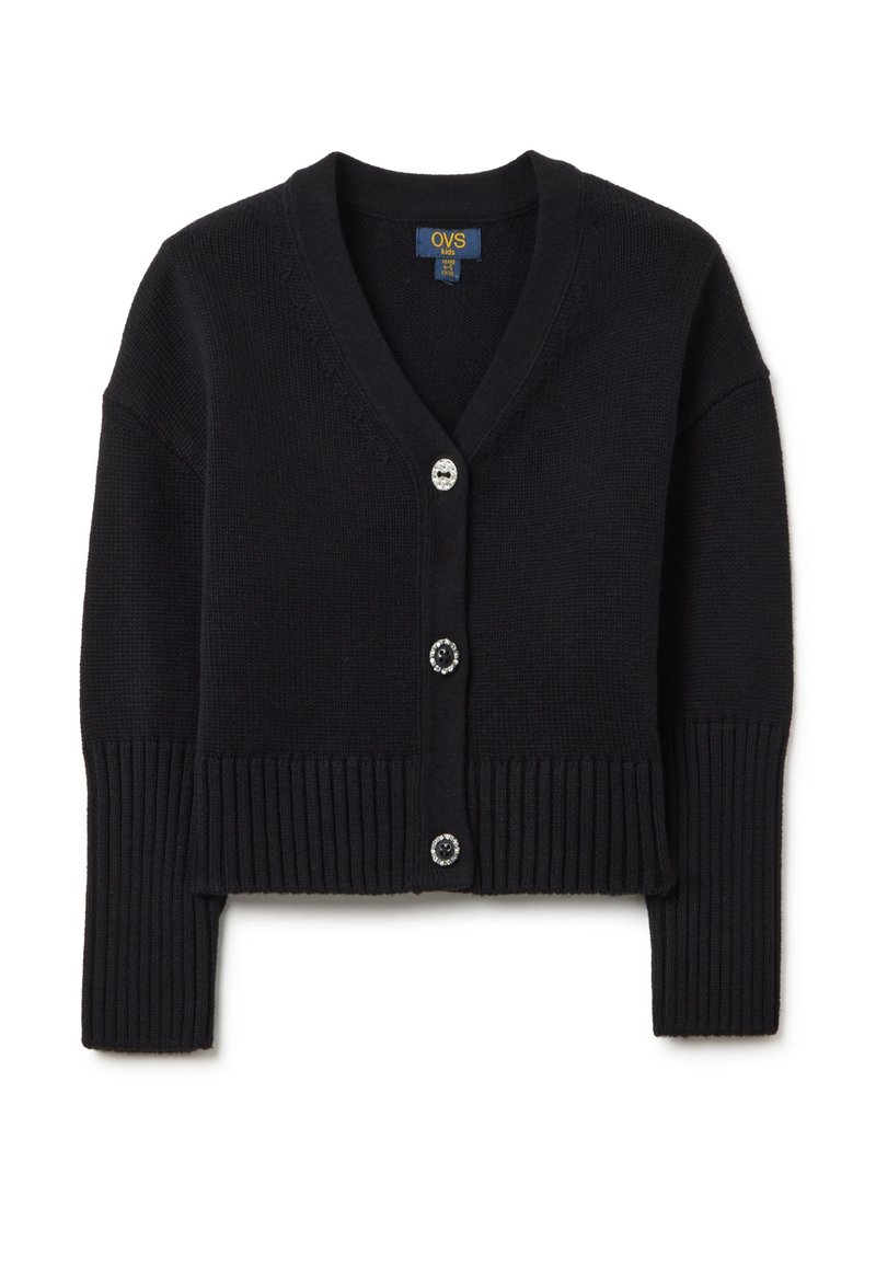 Schwarze, kurze Strickjacke aus Strickstoff mit V-Ausschnitt, featuring drei große runde Knöpfe sowie gerippte Bündchen und Saum.