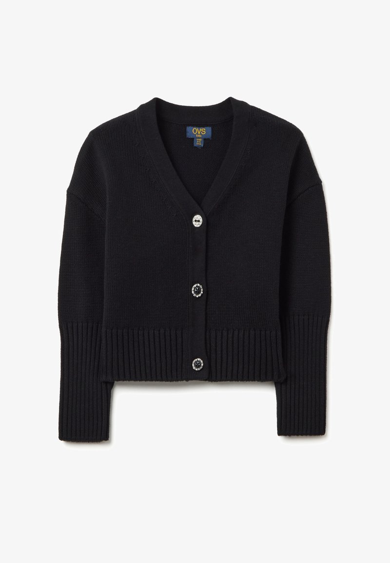 Schwarze, kurze Strickjacke aus Strickstoff mit V-Ausschnitt, featuring drei große runde Knöpfe sowie gerippte Bündchen und Saum.