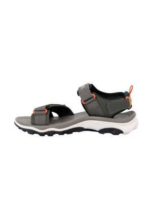 Graue und schwarze Outdoorsandale mit verstellbaren Riemen, orangefarbenen Akzenten, weißer Sohle und strukturiertem Profil für besseren Halt, seitlich gezeigt.