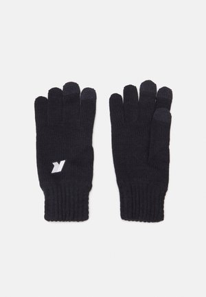 Pletene črne rokavice z rebrastimi manšetami, s belim logotipom na predelu zapestja. Zasnovane za toploto, z ločenimi predelki za prste.