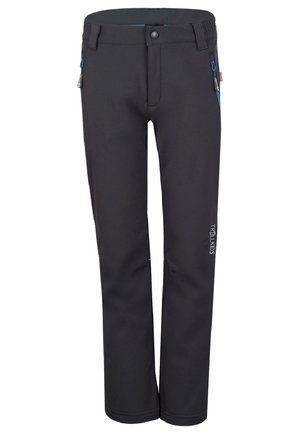 Black softshell pants featuring a slim fit, blue zipper accents, and an embroidered logo. Made from durable, weather-resistant material.