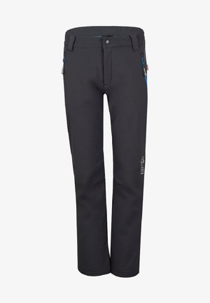 Black softshell pants featuring a slim fit, blue zipper accents, and an embroidered logo. Made from durable, weather-resistant material.