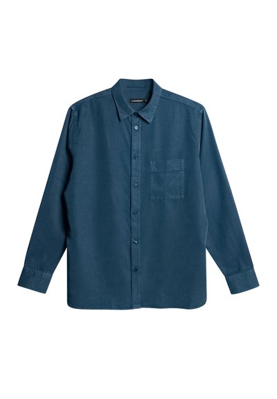 Langärmliges Hemd in Dunkelblau, aus glattem Stoff. Verfügt über einen Button-down-Kragen und eine Brusttasche auf der linken Seite. Klassische Passform mit geradem Saum.