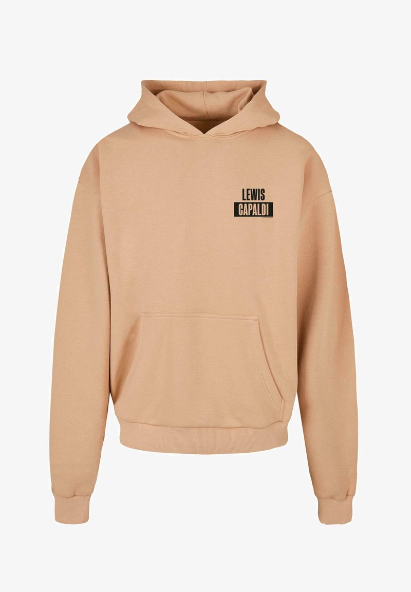 Harmaan vaaleanbeige-huppari, jossa on etutasku ja resorit hihansuissa. Rinnassa on musta painettu logo "LEWIS CAPALDI".
