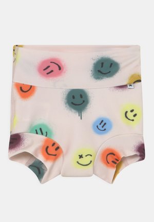 Kleurrijke bikini bottoms met een lichtroze basis en verschillende glimlachende gezichtontwerpen in levendige kleuren. Zachte, rekbare stof met een naadloze taille.