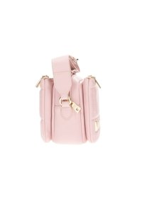 Piccola borsa a tracolla in pelle sintetica rosa con un design strutturato. Presenta dettagli in oro, un manico superiore e scomparti con zip.