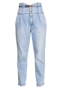 Světle modré džíny s vysokým pasem a opaskem, s předními plisé a zapínáním na knoflíky. Klasický pětikapsový design.