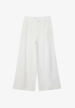 Pantalon blanc à jambes larges, taille haute et plis, avec poches latérales et passants de ceinture.