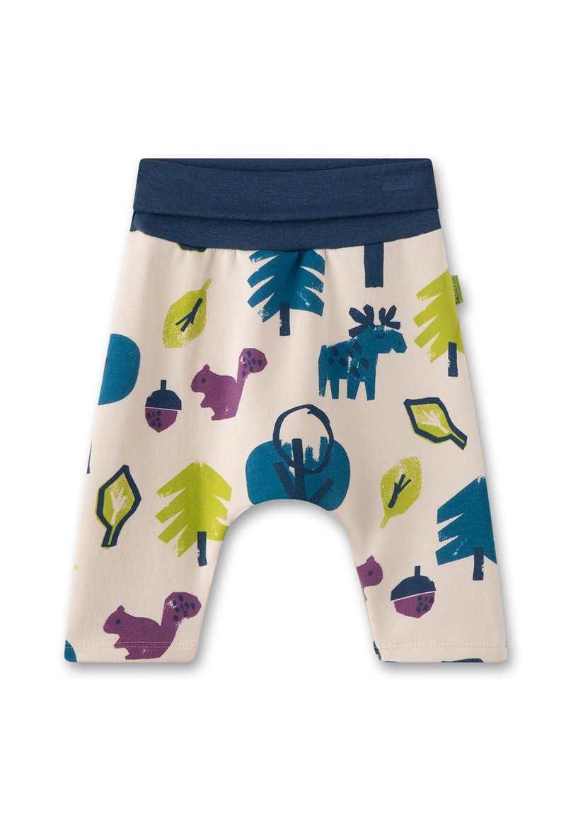 Baumwollshorts mit einem marineblauen Bund, die farbenfrohe Muster von Waldtieren und Blättern auf einem cremefarbenen Hintergrund zeigen.