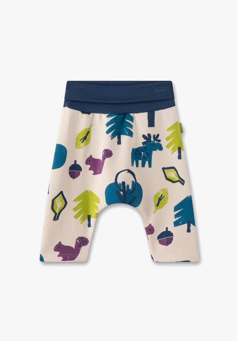 Baumwollshorts mit einem marineblauen Bund, die farbenfrohe Muster von Waldtieren und Blättern auf einem cremefarbenen Hintergrund zeigen.