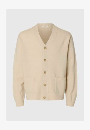 Cardigan a maglia beige con scollo a V, chiusura anteriore con bottoni e due tasche laterali. Presenta un tessuto texturizzato e polsini a costine.