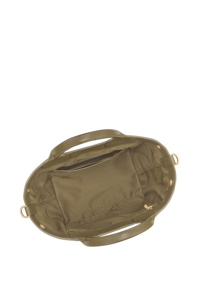Olive green bag with smooth leather exterior, gold hardware, and a spacious fabric-lined interior featuring a side pocket and smooth handles.