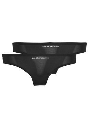 Conjunto de ropa interior negra tipo tanga hecho de tejido suave, con una cinturilla amplia que lleva el logo de "Emporio Armani". Diseño minimalista y forma ajustada.
