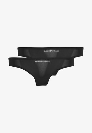 Svart truse-sett laget av glatt stoff, med en bred linning som har "Emporio Armani"-logo. Minimalistisk design og tettsittende fasong.