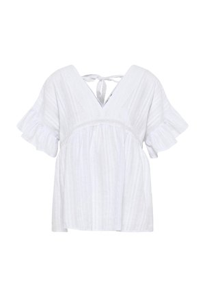 Weiße Bluse mit kurzen Rüschenärmeln, V-Ausschnitt, geraffter Taille und Rückendetail mit Bindung, aus leichtem, strukturiertem Stoff.